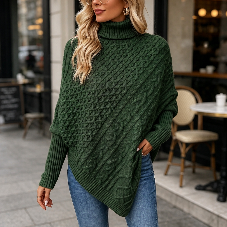 Cabelune – Sweter Poncho z Warkoczem w Stylu Asymetrycznym