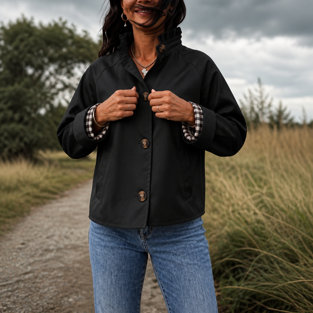 Kurtka Trench Cuff &amp; Collar – Krótka kurtka z falbanami i kołnierzem w kratę
