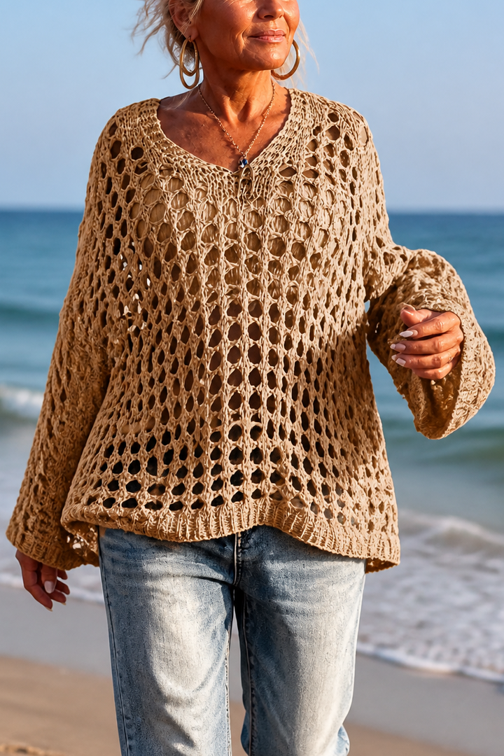 Sunlace – Sweter Oversize z Otwartych Splotów na Ramię