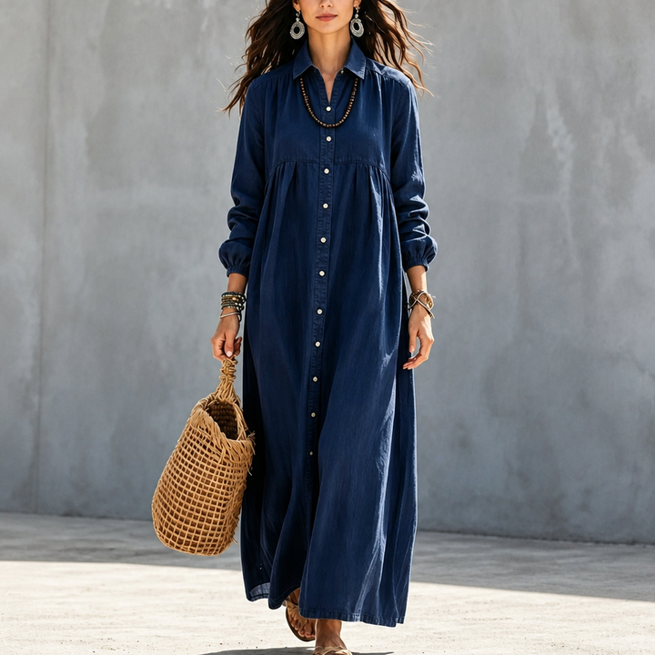Linalle – Sukienka maxi z przodu na guziki w stylu lnianym
