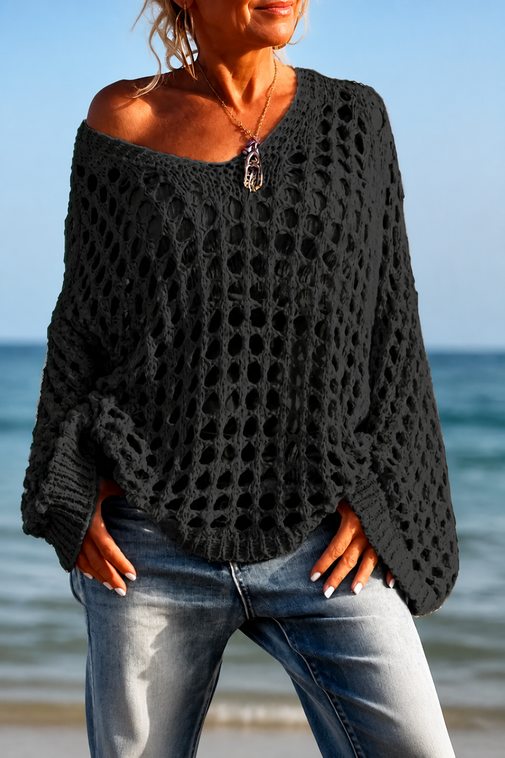 Sunlace – Sweter Oversize z Otwartych Splotów na Ramię