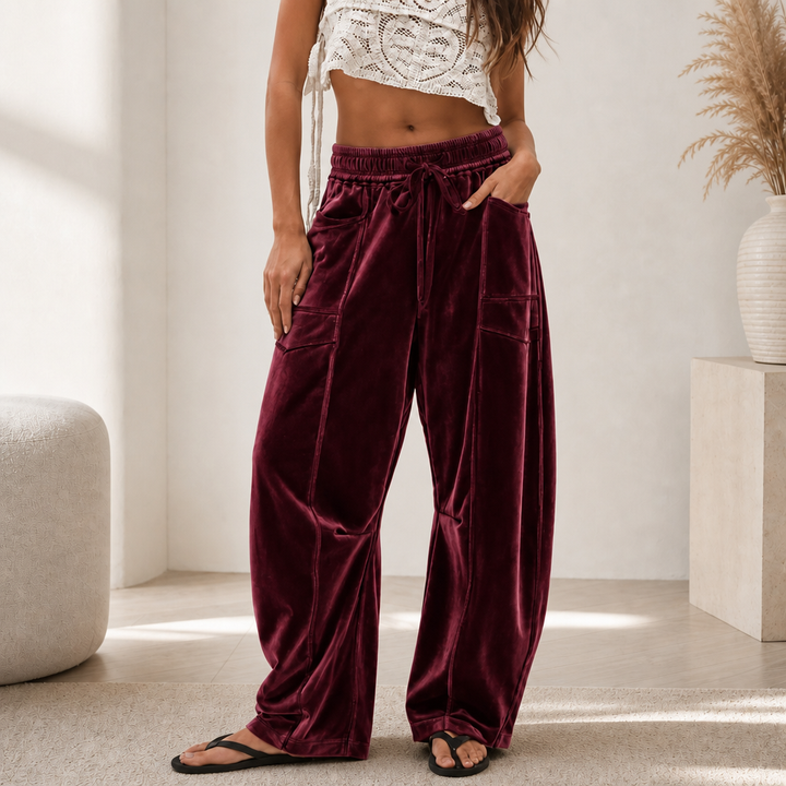 Draperie – Szerokie Spodnie z Sznurkiem z Rybkowego Weluru