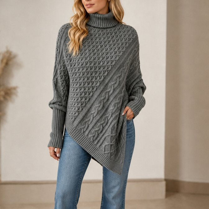 Cable &amp; Cove – Sweter Poncho z Golfem w Warkocze