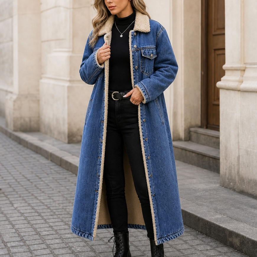 Denora – Długi płaszcz dżinsowy z podszewką z teddy