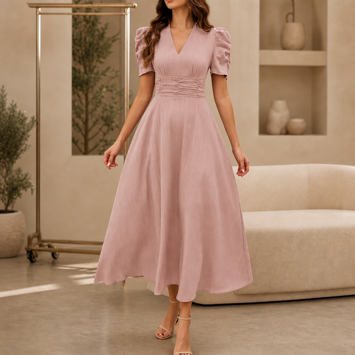 Wearbella – Sukienka midi z marszczonym pasem i bufiastymi rękawami w dekolcie w serek