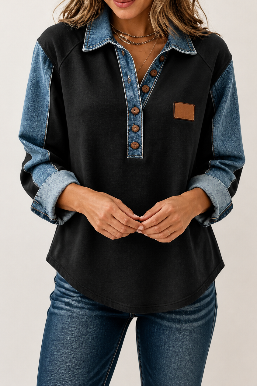 Layerlyn – Bluzka dzianinowa z denimu w patchworkowym wzorze
