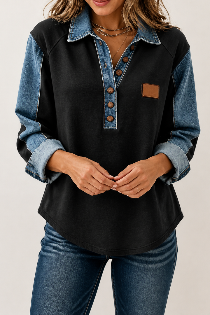 Layerlyn – Bluzka dzianinowa z denimu w patchworkowym wzorze