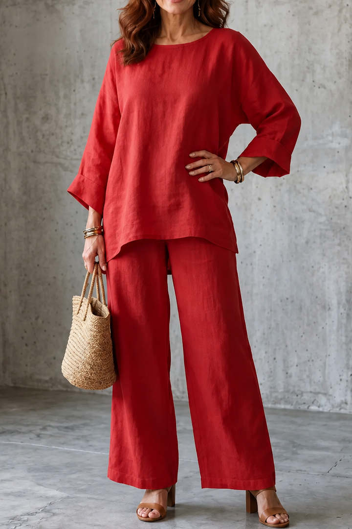 Wearlette – Zestaw Dwuczęściowy z Szerokimi Nogawkami w Stylu Lnianym