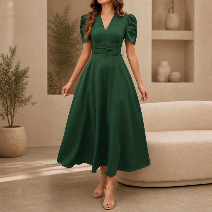 Wearbella – Sukienka midi z marszczonym pasem i bufiastymi rękawami w dekolcie w serek
