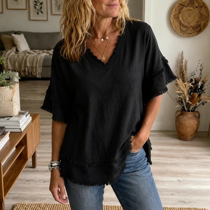 Lorelei – Boho T-shirt z frędzlami w dekolcie V dla kobiet, luźny krój maskujący brzuch
