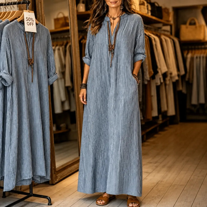 Vestara – Boho Paski V-Neck Maxi Sukienka z Kieszeniami, Długie Rękawy, Świeża, Nienaściśliwa Tkanina