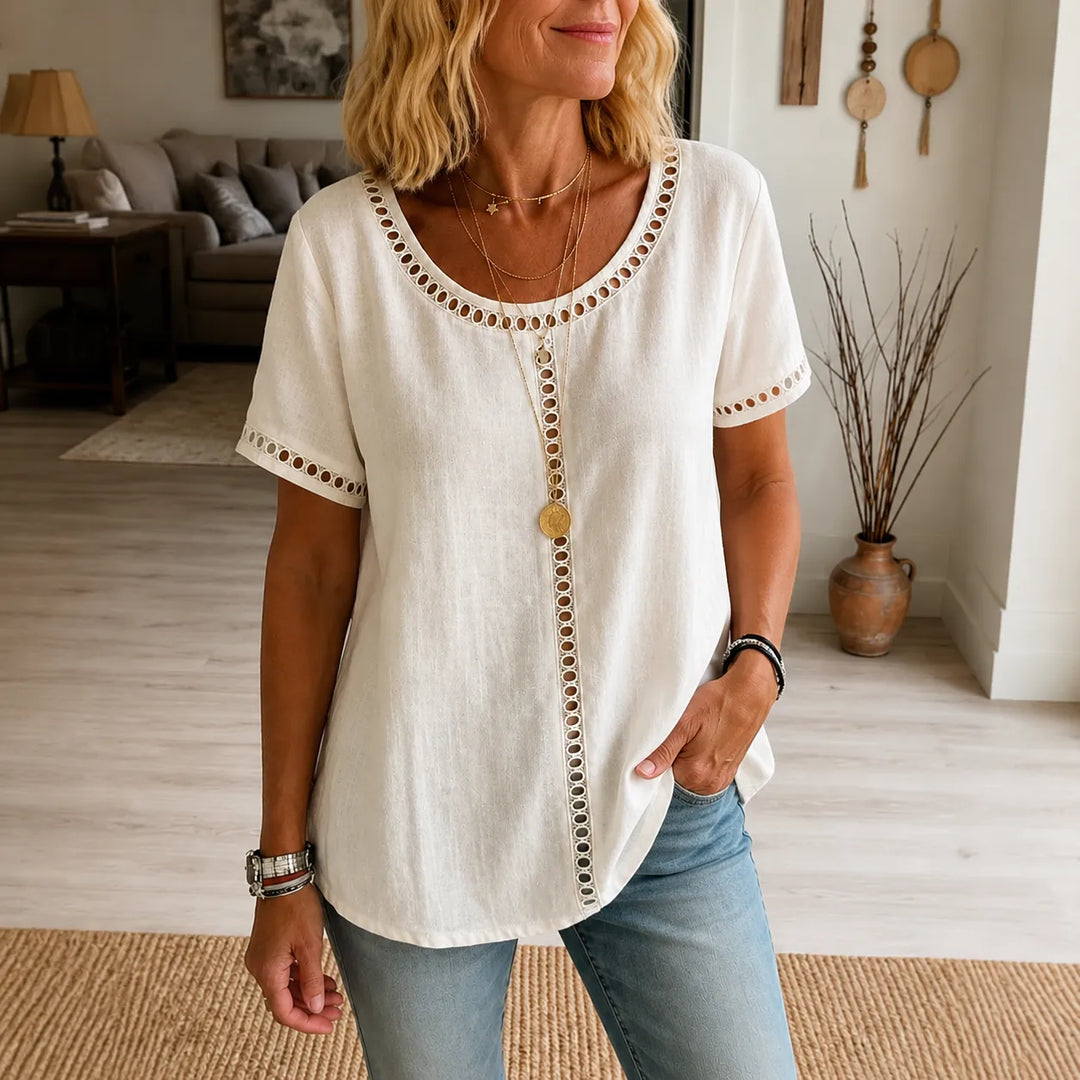 Marellia – Boho Tunika z Otworami dla Kobiet, Luźny Krój, Krótki Rękaw, Letnia Bluzka