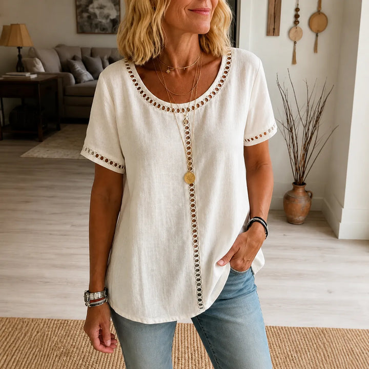 Marellia – Boho Tunika z Otworami dla Kobiet, Luźny Krój, Krótki Rękaw, Letnia Bluzka