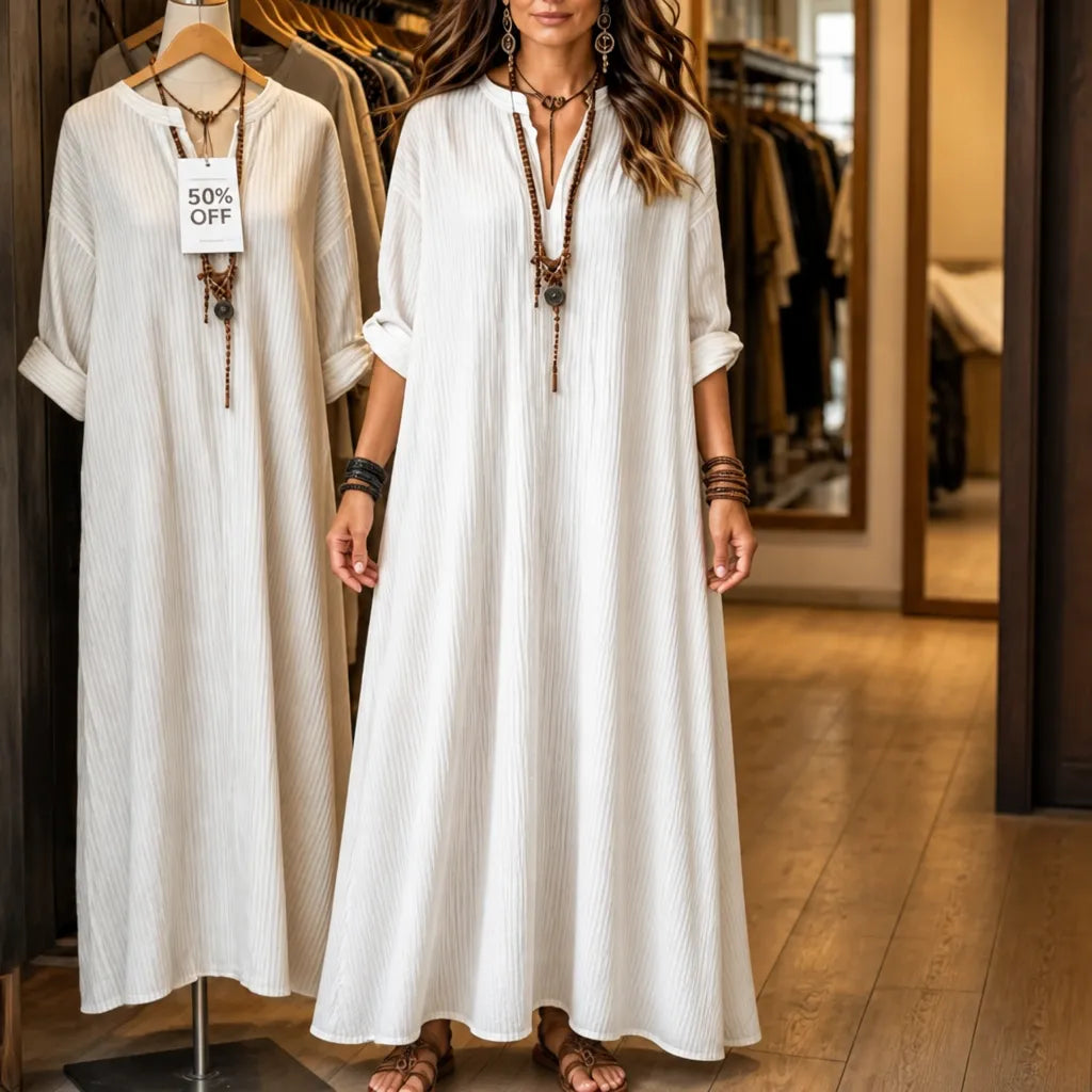 Vestara – Boho Paski V-Neck Maxi Sukienka z Kieszeniami, Długie Rękawy, Świeża, Nienaściśliwa Tkanina