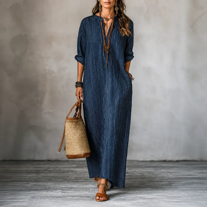 Vestara – Boho Paski V-Neck Maxi Sukienka z Kieszeniami, Długie Rękawy, Świeża, Nienaściśliwa Tkanina