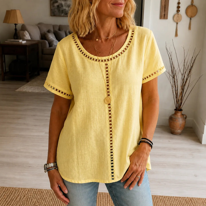 Marellia – Boho Tunika z Otworami dla Kobiet, Luźny Krój, Krótki Rękaw, Letnia Bluzka