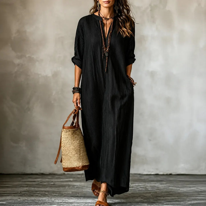 Vestara – Boho Paski V-Neck Maxi Sukienka z Kieszeniami, Długie Rękawy, Świeża, Nienaściśliwa Tkanina