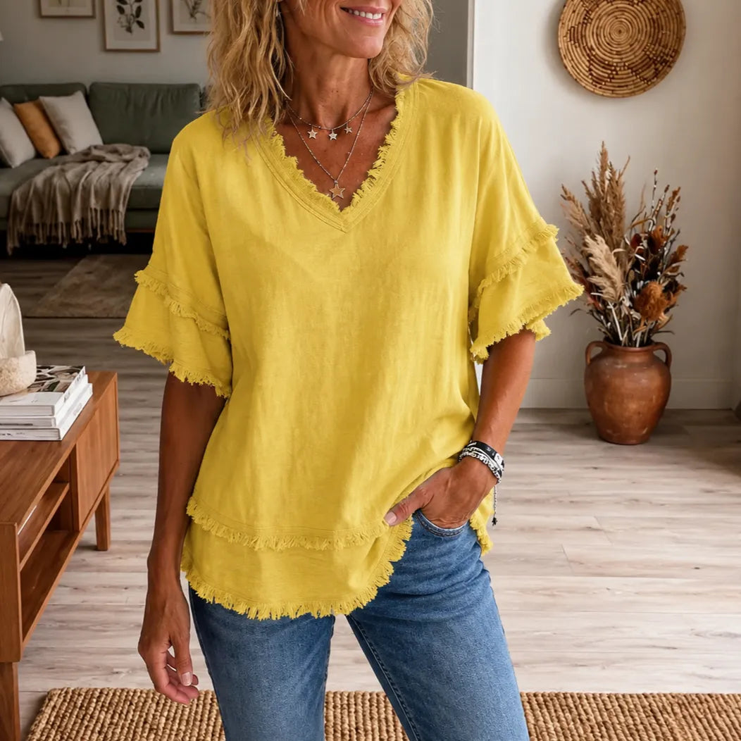Lorelei – Boho T-shirt z frędzlami w dekolcie V dla kobiet, luźny krój maskujący brzuch