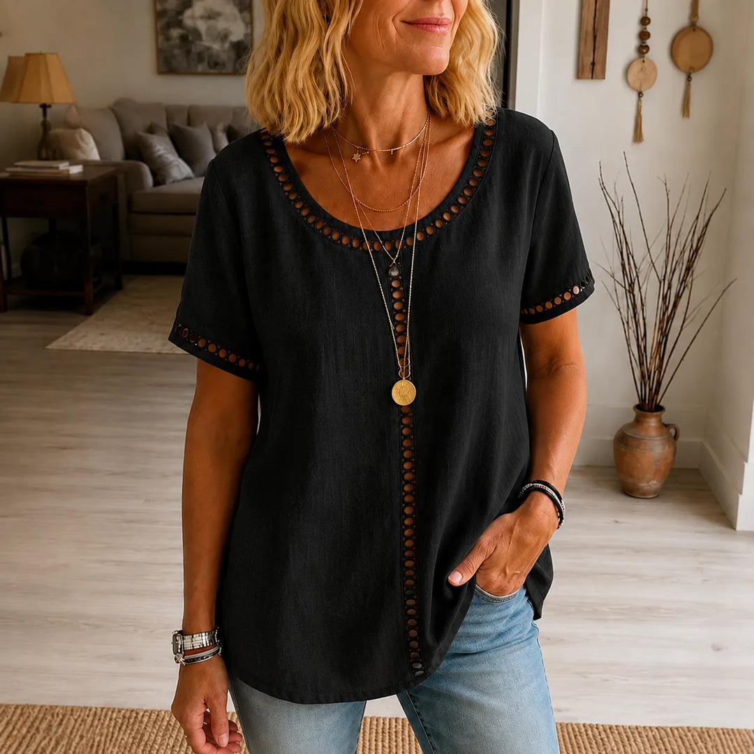 Marellia – Boho Tunika z Otworami dla Kobiet, Luźny Krój, Krótki Rękaw, Letnia Bluzka