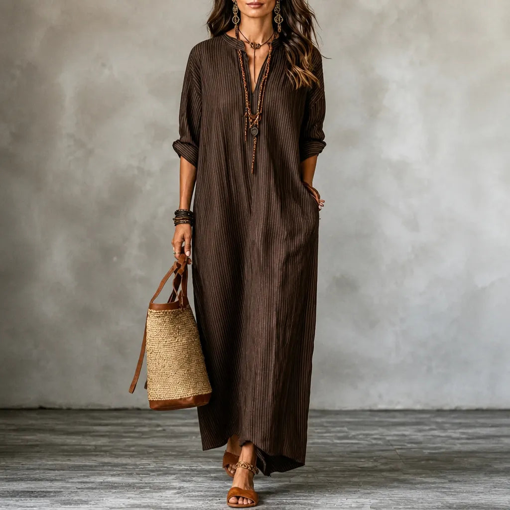 Vestara – Boho Paski V-Neck Maxi Sukienka z Kieszeniami, Długie Rękawy, Świeża, Nienaściśliwa Tkanina