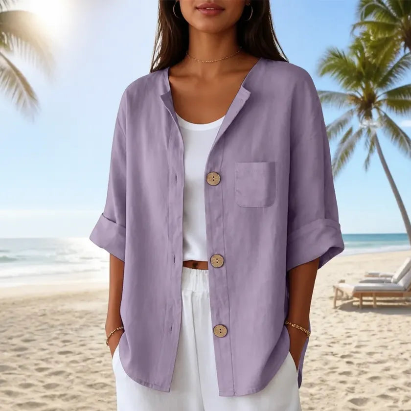 Marelle – Luźna bluzka z lnu z guzikami i rękawem ¾