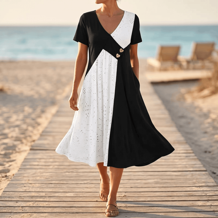 Vivara - Midi Sukienka V-Neck w Diagonalnym Patchworku