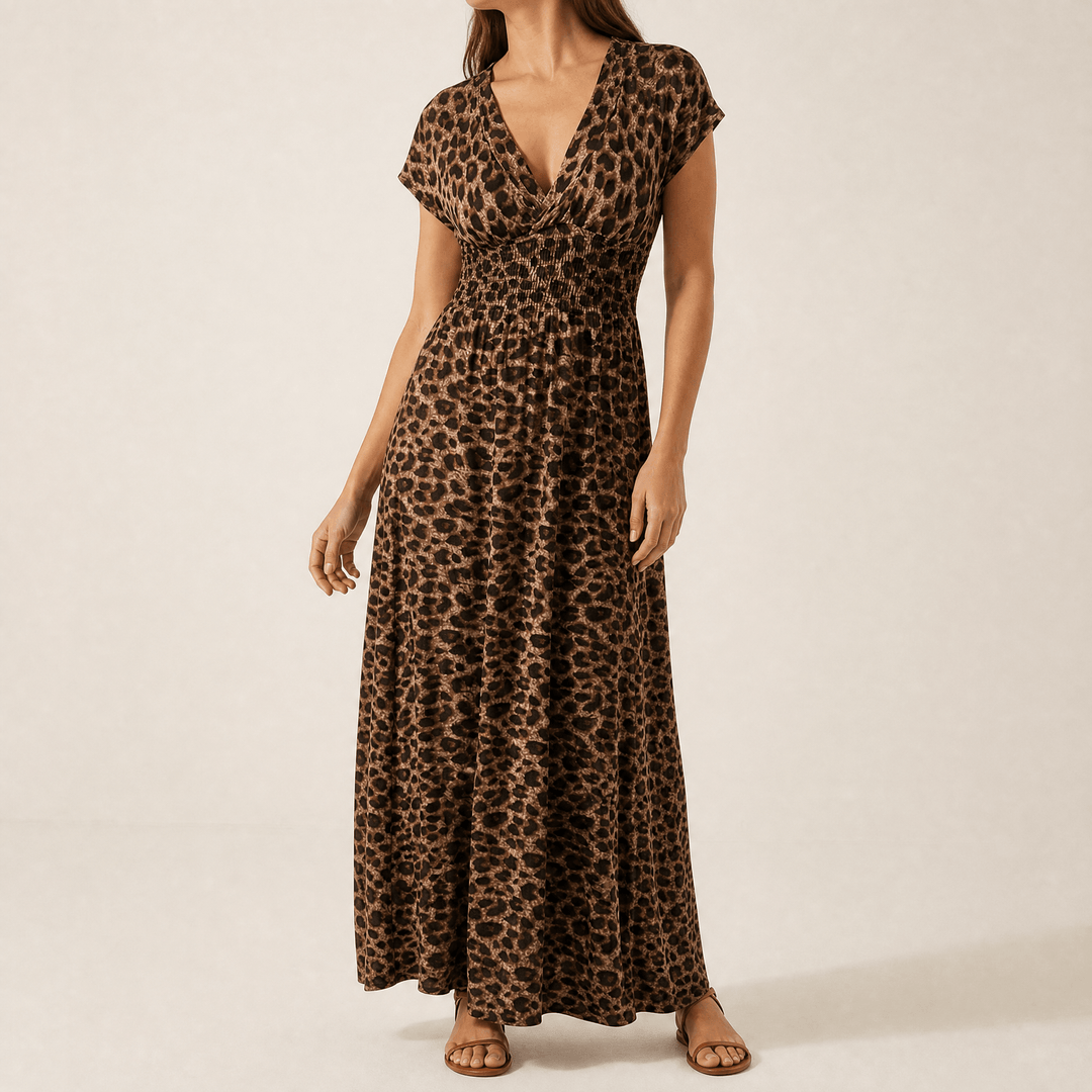 Vivara – Sukienka maxi w leoparda z marszczonym pasem